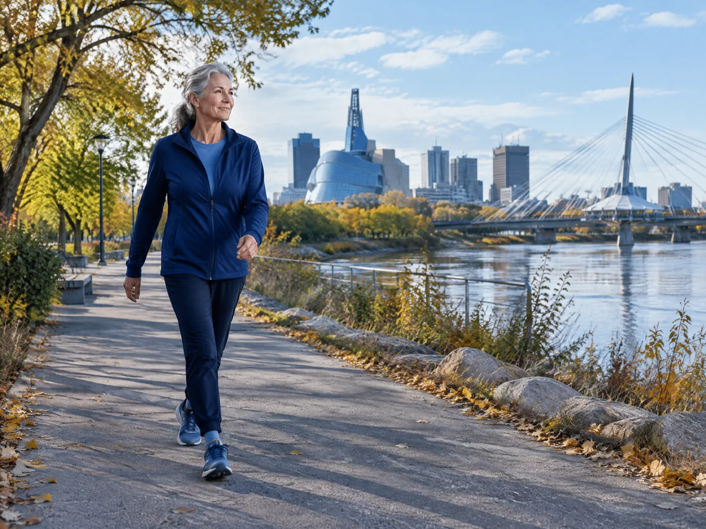 Active older adult enjoying a confident walk in Winnipeg